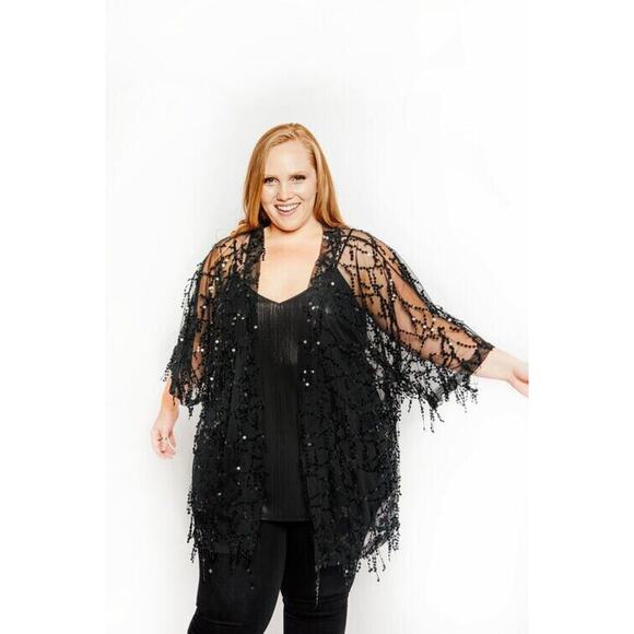 MICHELLE Sequins DUSTER Coverup One Size Fits Most BLACK Sparkle Shimmer Jacket - Picture 5 of 14